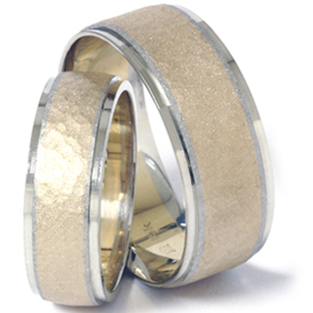 Pompeii3 14K Gold Matching Two Tone Hammered Wedding Band Set for Men's and Women's